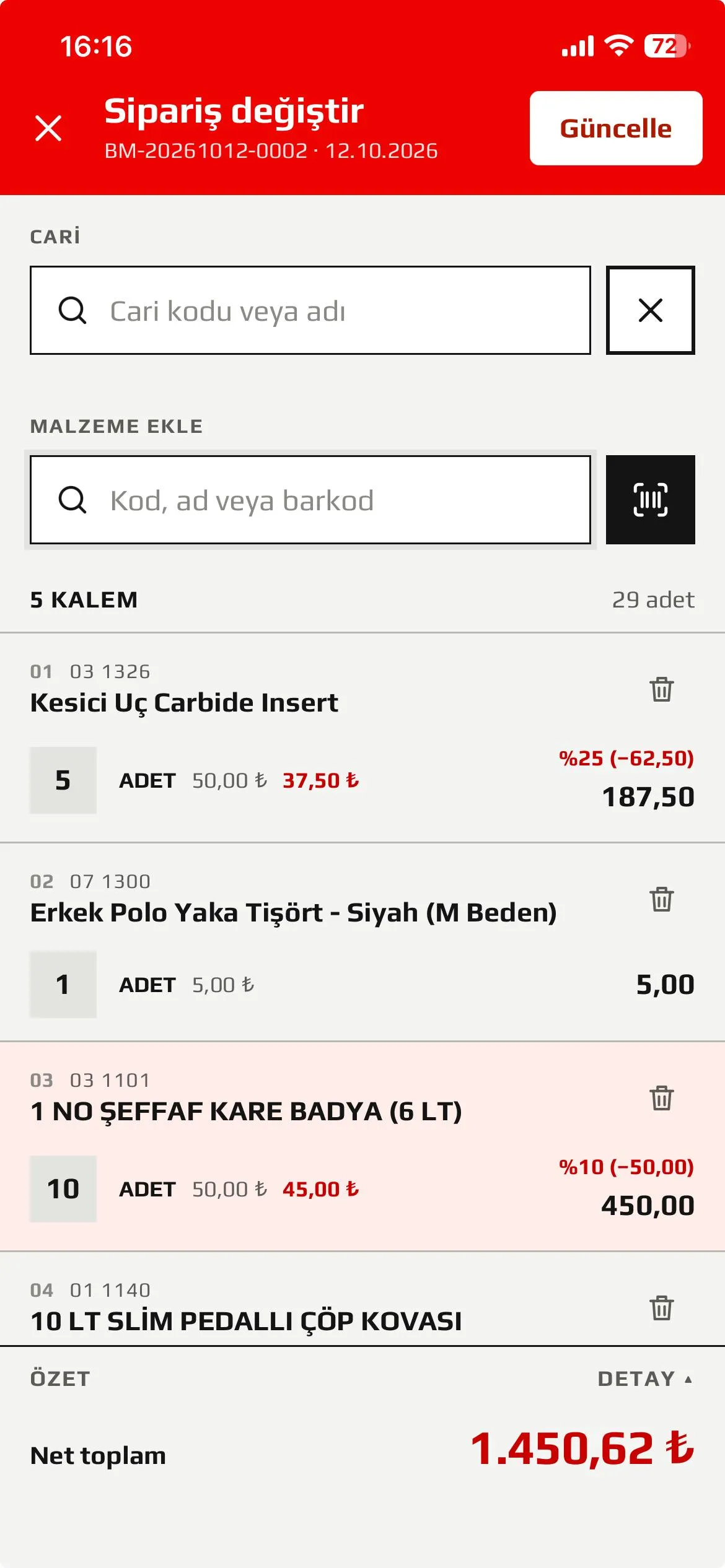Sipariş girişi ekranı: cari seçimi, barkodla malzeme ekleme ve kalem listesi